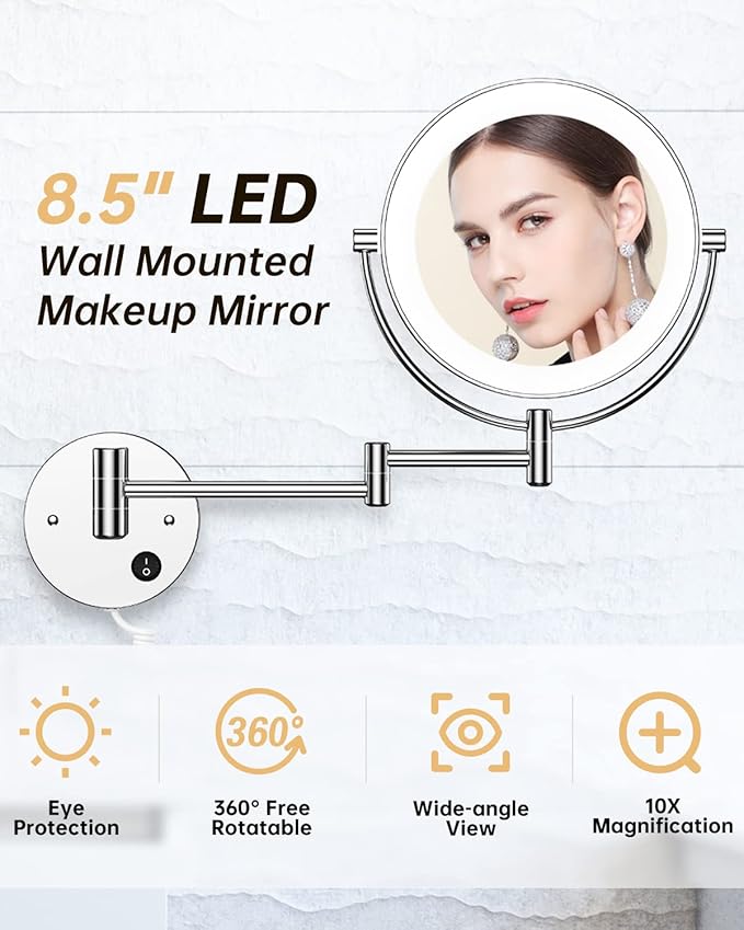 Gospire 8.5" Wall Mounted Lighted Magnifying Mirror, 1X/10X Double-Sided Magnification Round LED Cosmetic Vanity Bathroom Mirror Extendable Arm 360° Swivel for Shaving Makeup