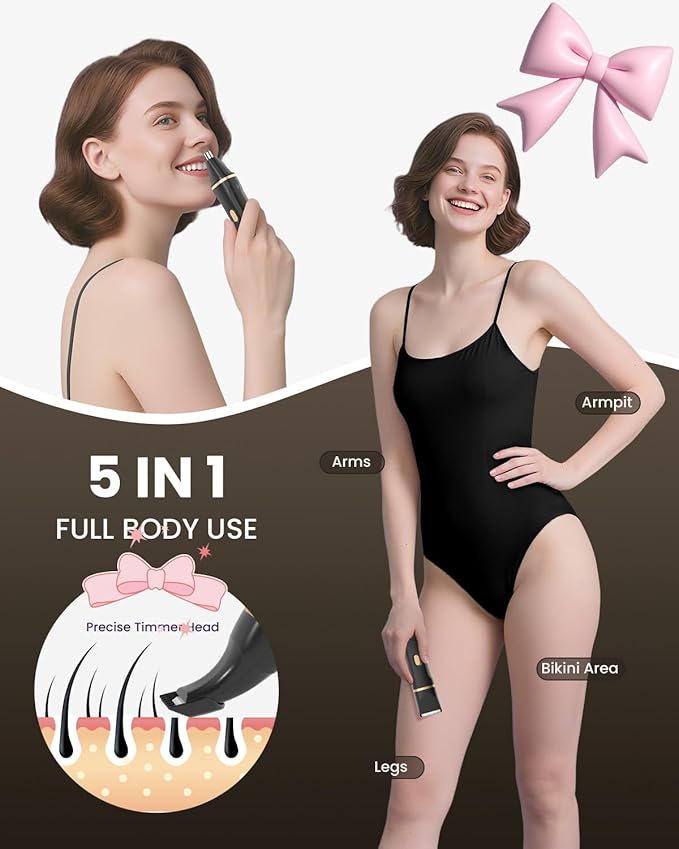 Bikini Trimmer for Women - 5 in 1 Painless Electric Razors for Ladies Pubic Facial Nose Body Leg Hair Removal, Waterproof Electric Shaver for Women Private Area Sensitive Skin,Personal Hair Trimmer