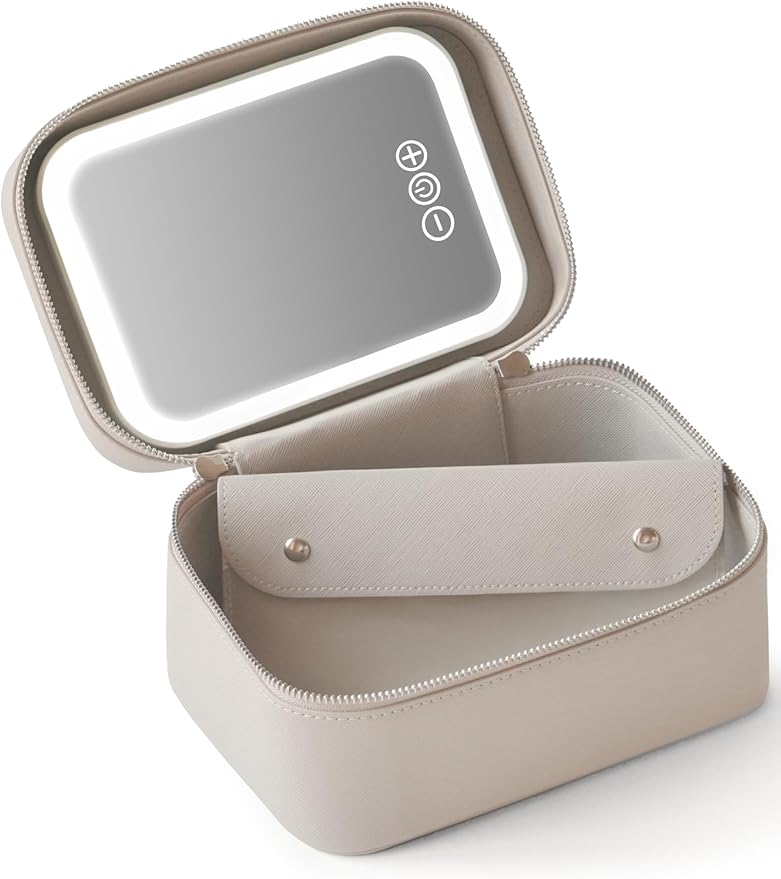 Popvibe Travel Makeup Case with Mirror and Light Up Vanity Case Make Up Bag Set with Brush Holder Srorage, Leather Cosmetic Case Compact Luxury Small Train Case with Handle, Portable Makeup Box Cute