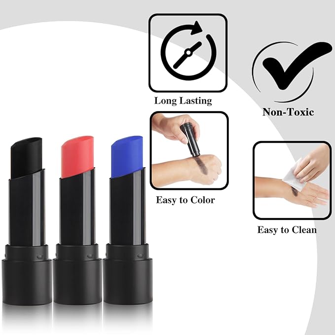 MEICOLY 3Pcs Royal Blue Black Red Face Body Paint Stick,Face Paint for Halloween SFX Devil Cosplay Makeup,Body Paint for Adults Kids,Waterproof Eye Black for Baseball/Football/Softball,Blue+Black+Red