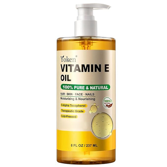 Yoken Vitamin E Oil 8 Fl Oz Organic Vitamin E oil for Skin Vitamine oils for Scars Hair,Face,Nail,Scalp Perfect Bath and Body Oil Cold Pressed Hexane Free Non-GMO Gluten Free Formula
