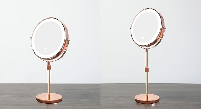 Nicesail LED Makeup Mirror 10X Magnification, 8 Inch Light Magnifying Mirror with 3 Color Light, Height Adjustable Brightness Vanity Mirror with Stand, 360 Rotation Double Sided for Make up, Rose Gold