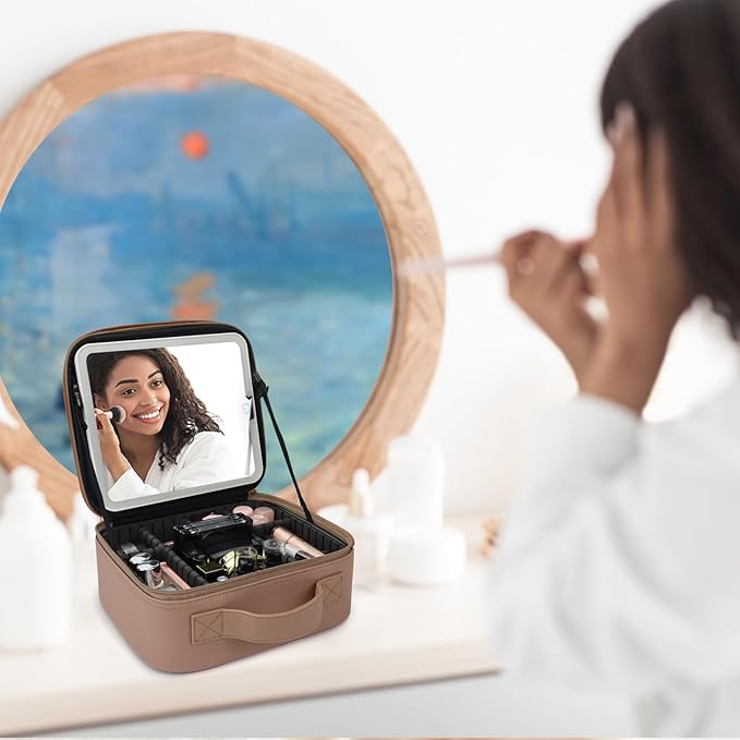 Travel Makeup Bag with LED Mirror Travel Makeup Organizer with 3 Lighted Settings, Adjustable Dividers and Makeup Brush Storage Bag Mocha