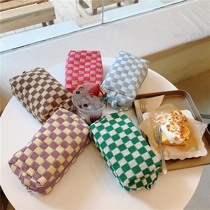 PAZIMIIK Checkered Makeup Bag for Purse Portable Zipper Make Up Pouch Small Cosmetic Case for Travel Accessories (6PCS Green)