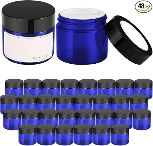 Bumobum 2 oz Glass Jars with Lids, 48 pack Blue Round Small Containers with Black Lids, Blank Labels & Inner Liners, Empty Cosmetic Containers for Sample, Powder, Cream, Lotion