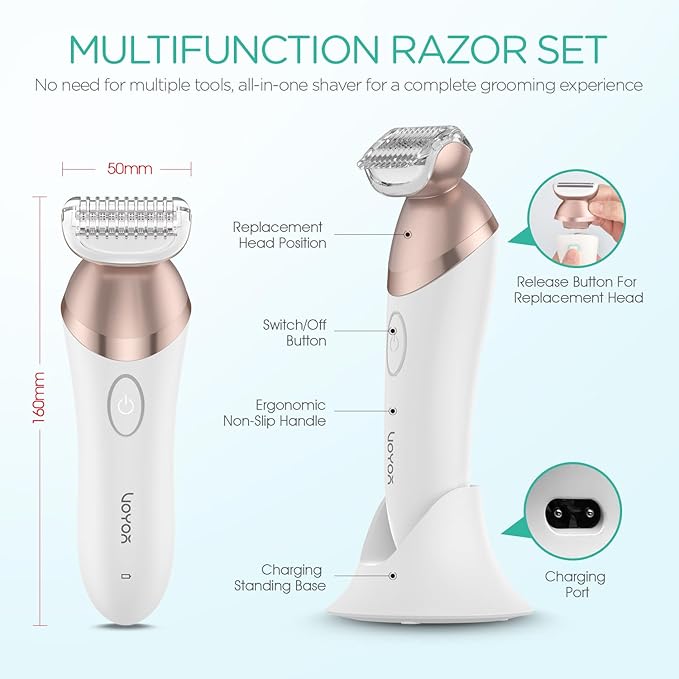 VOYOR Electric Razors for Women 4 in 1 Bikini Trimmer, Foil Shaver for Women 4 Replacement Heads for Body, Pubic Hair Trimmer, Cleansing, Massage 2 Adjustable Speeds Rechargeable Shaver ES501 (Gold)