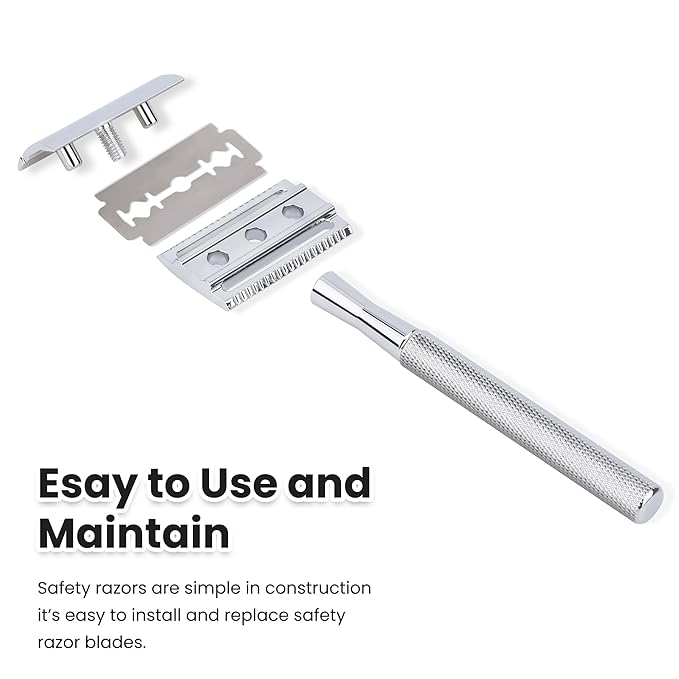 Double Edge Safety Razor With 10 Premium Stainless Steel Reusable Single Blade Razors For Men and Women, Smooth Wet Shave Experience, Glossy Silver