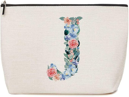 Initial Makeup Bag Monogrammed Travel Toiletry Bag Monogram Cosmetic Bag Birthday Christmas Bridal Shower Bridesmaid Gifts Personalized Gifts for Women Bride Teacher Auntie, Floral Letter J
