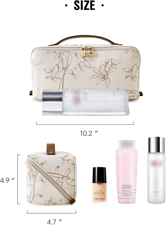 EACHY Travel Makeup Bag,Large Capacity Cosmetic Bags for Women,Waterproof Portable Pouch Open Flat Toiletry Bag Pattern Makeup Bag (F-Beige-Large)