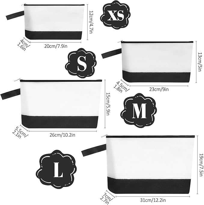 10 Pieces Cotton Canvas Makeup Bag with Bottom and Strap, Multi-Purpose Cosmetic Bag with Zipper Travel Toiletry Pouch, Blank DIY Craft Bag (White&Black, XS)