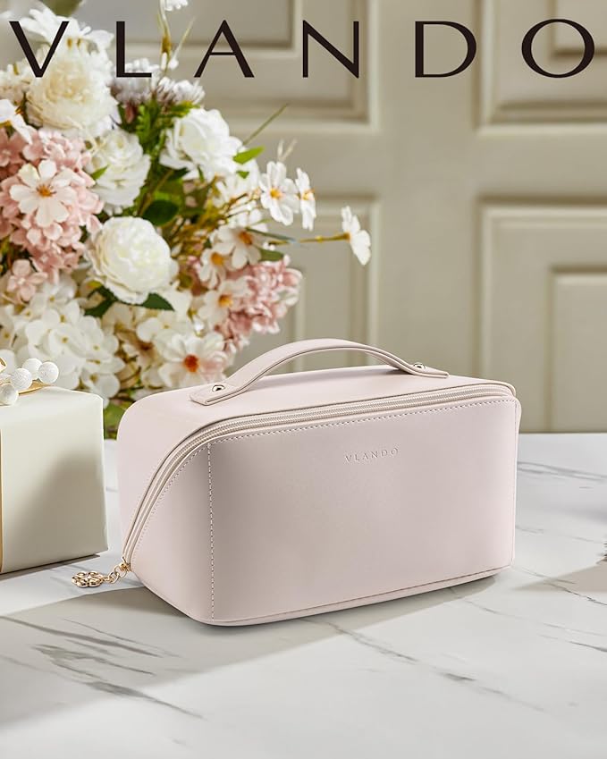 Vlando Travel Makeup Bag,Gifts for Women Large Capacity Toiletry Bag for Women Wide Open Cosmetic Organizer with Divider and Handle(White)