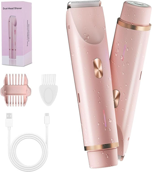 2-in-1 Bikini Trimmer for Women, Bikini Shaver with Dual Heads, Painless Body and Facial Hair Removal, Rechargeable Cordless Electric Razors for Face Chin Pubic Underarm Legs, IPX7 Waterproof, Pink