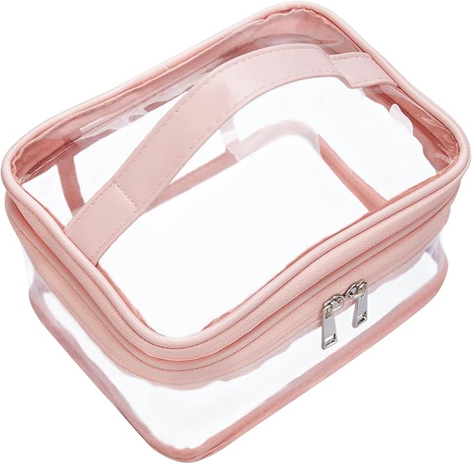 Double Layer Clear Cosmetic Bag Makeup Bag, Waterproof Travel Toiletry Bag, Transparent PVC Hair & Nail Accessories Pouch Beach Bag Organizer (Pink)