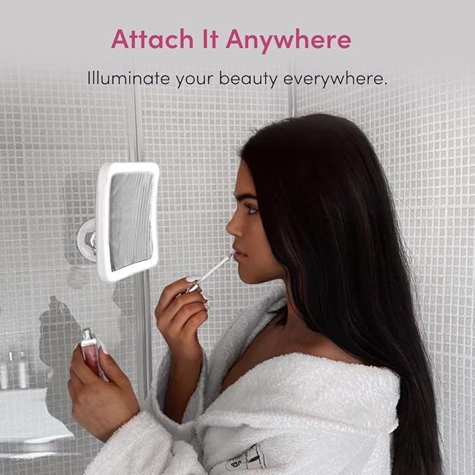 Fancii Rechargeable 10x Magnifying Mirror with 3 LED Light Settings, Dimmable Touch Light, Cordless, Locking Suction Mount, Lighted Mirror for Bathroom or Travel, Mira 2 (White)