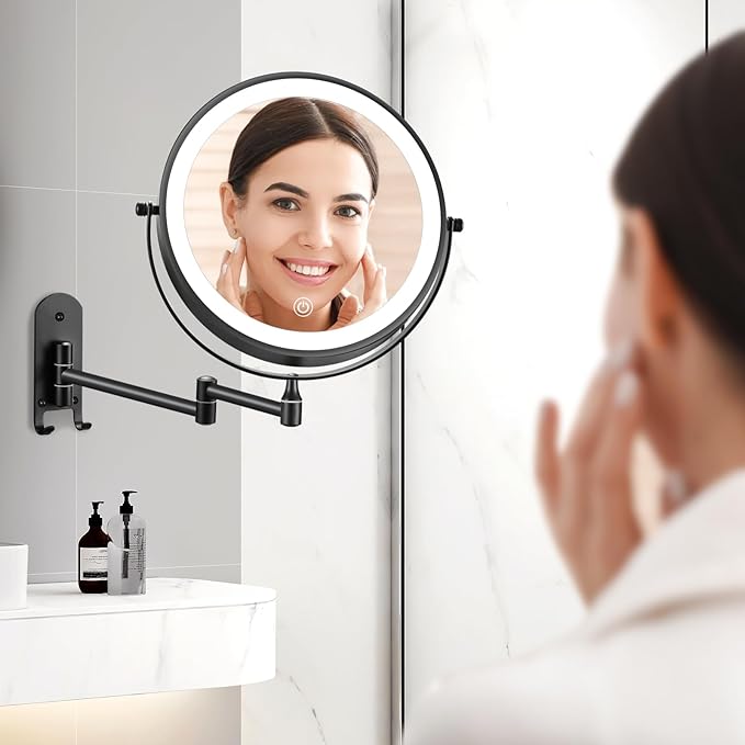 9" Rechargeable Wall Mounted Lighted Makeup Mirror, Double Sided 1X/10X Magnifying Mirror with 3 Color Lights Dimmable, Bathroom Mirror with Hook, Black