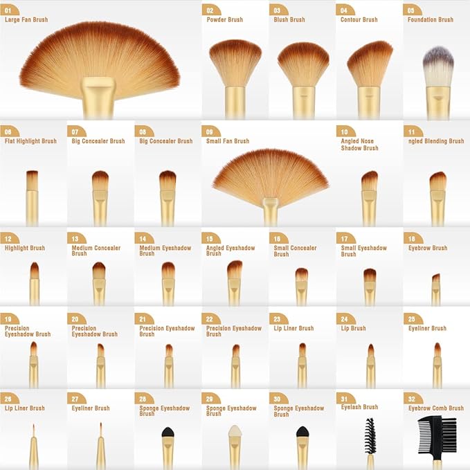 Vander Make up Brushes Set, 32Pcs Premium Synthetic Make up Brush, Eyeshadow Contour Foundation Blending Face Cosmetic Brush Travel Make up Brushes for Women, Girl (Gold)