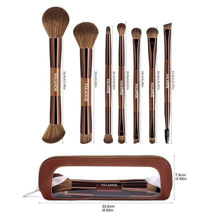 MAANGE 7 PCS Foundation Makeup Brush Set With Bag, Make up Brushes, Eyeshadow Concealer Brush, Double-ended Foundation Contour Powder Blush, Professional Face brush Set Tools For Liquid,Cream (Brown)