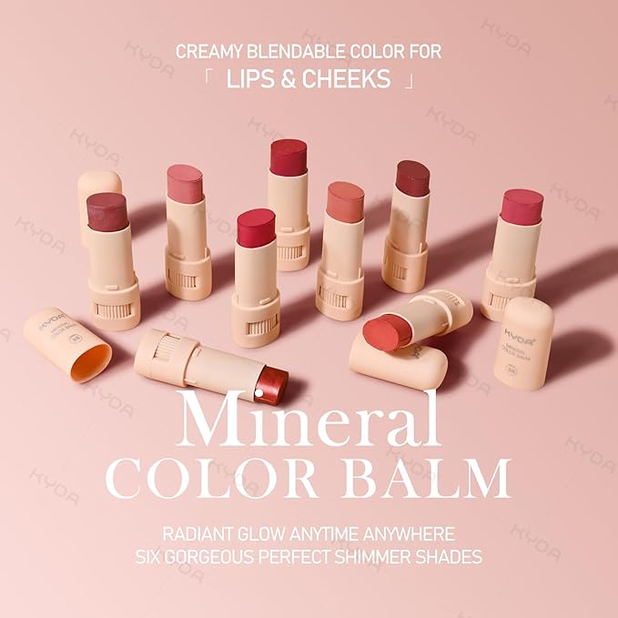 KYDA 3 Colors Mineral Color Balm, SPF 35, Buildable Shimmer Color for Lip and Cheek, Shimmer Cream Blush Stick, Lightweight Blendable, Multiuse Makeup Balm, PINK+ROSE+BLUSH