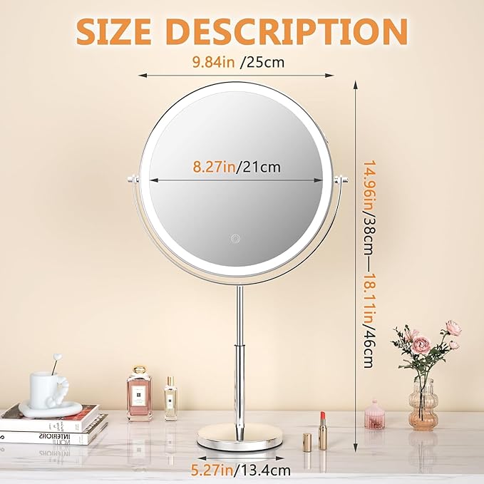 Hasipu 10-inch Lighted Makeup Mirror with Magnification, Rechargeable 3000 mAh Vanity Mirror with Lights, Desk Mirror with Dimmable Brightness, 3 Lighting Modes, Height Adjustment, Nickel