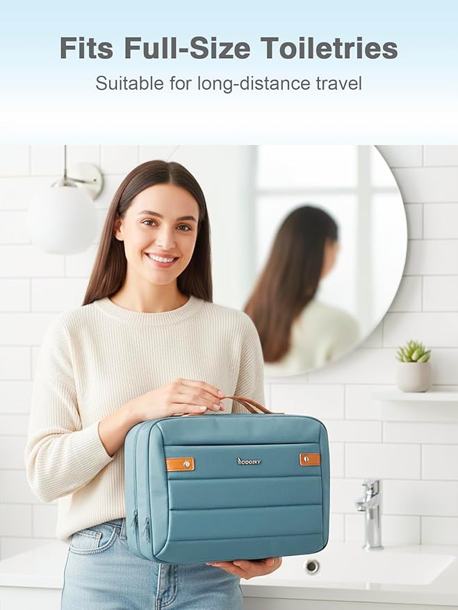 Women's Hanging Toiletry Bag, Waterproof Travel Cosmetic Organizer with Jewelry Storage, Large Capacity Makeup Case for Full-Size Skincare & Bathroom Essentials, Portable Cosmetic kit, Blue