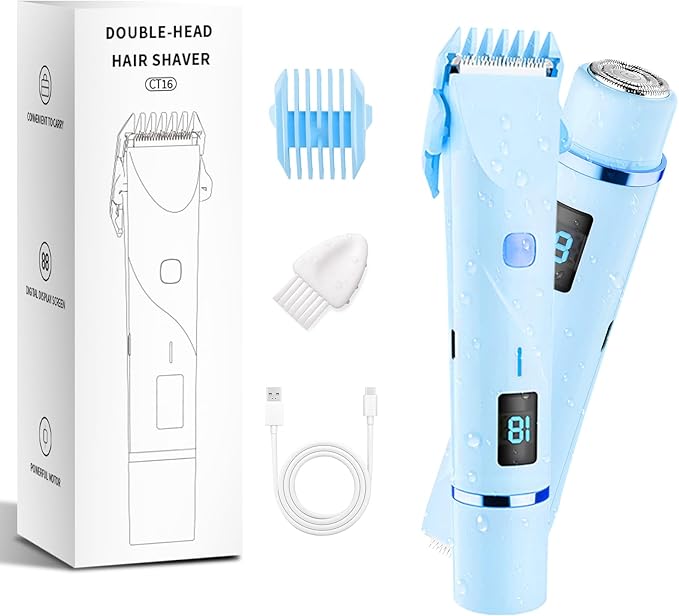 Bikini Trimmer for Women, 2 in 1 Electric Razors for Women Pubic Hair, IPX7 Waterproof Dual Head Bikini Shaver with LED Display, Rechargeable Electric Trimmer (Blue)
