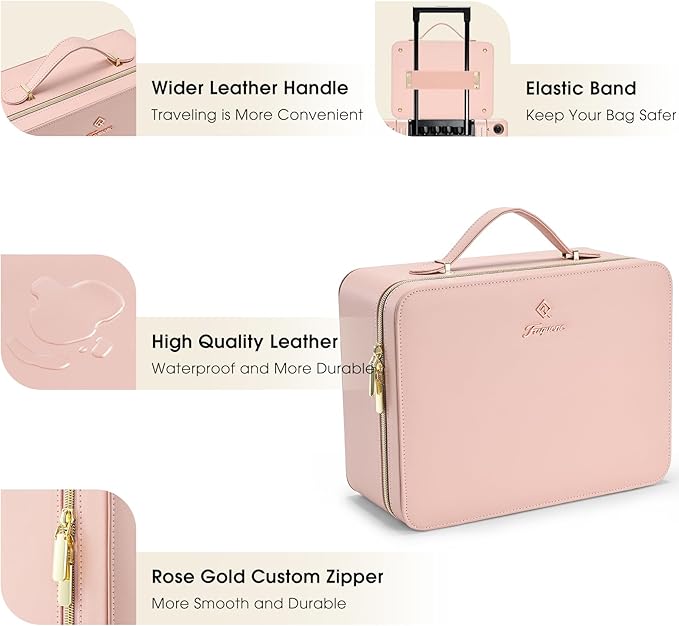 Leather Makeup Case with LED Lighted Mirror 11.4 Inch Travel Makeup Bag Adjustable Brightness in 3 Colors Cosmetic Organizer Artist Storage Bag with Dividers Brush Holder Storage Vanity Pink