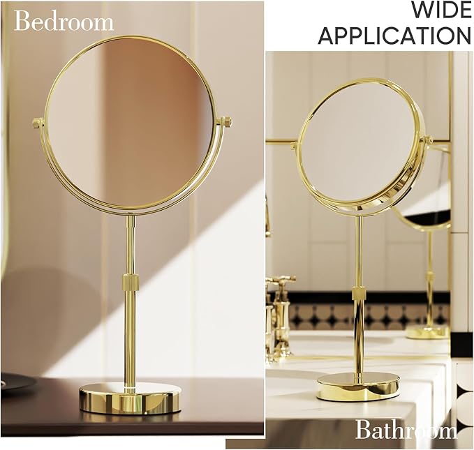 Nicesail Height Adjustable 15~19” Tall Table Mirror, 1X 10X Magnifying Mirror Double Sided for Makeup&Shaving, Desk Vanity Mirror Tabletop 360 Rotation of 8” Face, Bathroom Shiny Gold Makeup Mirror