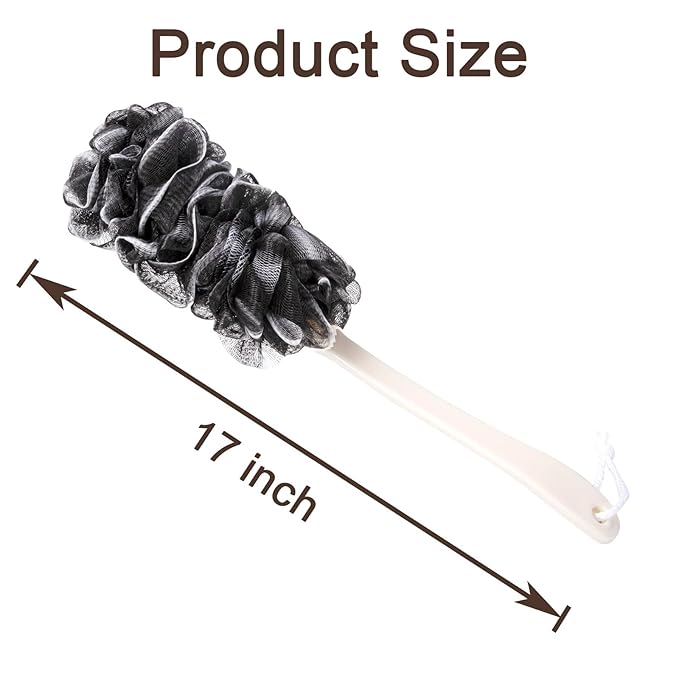 Back Scrubber for Shower, Loofah Long Handle Bath Body Brush, Soft Nylon Mesh Sponge On a Stick for Shower Men Women Kids Elderly, Exfoliating Scrub Cleaning Luffa for All Kinds of Skin(Black)