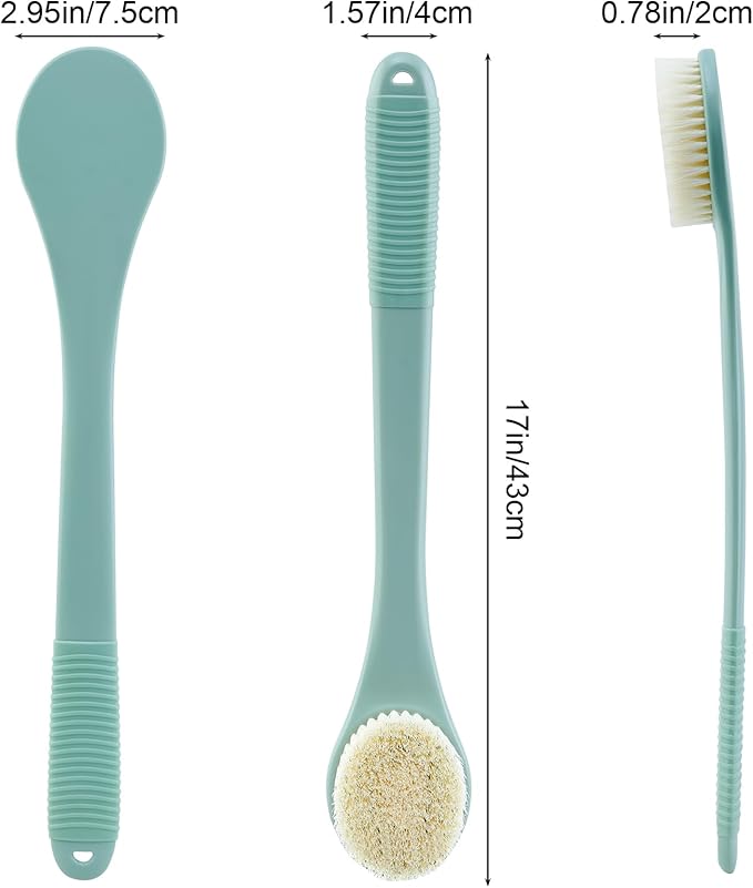 Back Scrubber for Shower, Shower Body Brush for Cleaning with Long Handle for Showering, 17 Inch Back Washer Exfoliator for Shower Men Women with Non-Slip Handle, Adhesive Hook (Pea Green)