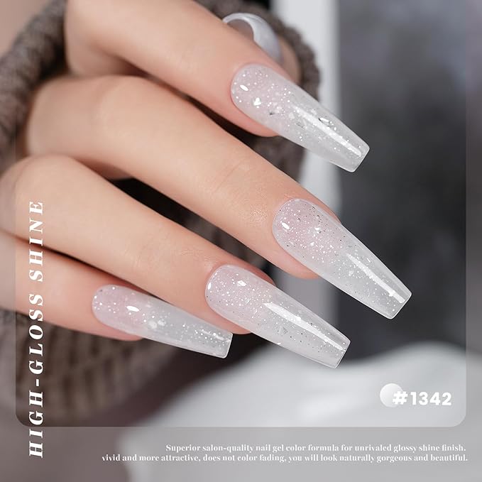 RARJSM Snow Glitter Gel Nail Polish Shiny Diamond Sparkly Chunky Jelly Milky White Silver Shimmer Pigments Opal Gelpolish Soak off Led UV Curing Required for Nail Art Salon Manicure