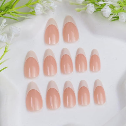 White French Tip Press on Nails Almond Medium Fake Nails Press ons with Designs Glossy Full Cover Glue on Nail Acrylic Stick on Nails for Women 24 Pcs