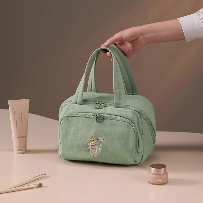 Makeup bag, Large Capacity Cosmetic Bag for Women, Portable Wide-open Toiletry Bag, Travel Makeup Bag with TPU Compartments for Accessories, Essentials, Toiletries, Makeup Brush Bag, Green