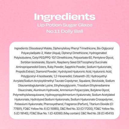 Lip Potion Sugar Glaze Tint | K-Beauty High-Shine & Long-Lasting Lip Tint | Hydrating, Non-Sticky Glossy Finish | 7 Shades | 0.3 Oz (No.11 Dolly Ball)