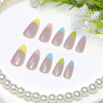Short Press on Nails Almond Colorful French Tips Fake Nails with French Designs Glossy Glue on Nails Press ons Cute Acrylic Nail Pink Full Cover Artificial Stick on Nails for Women 24 Pcs