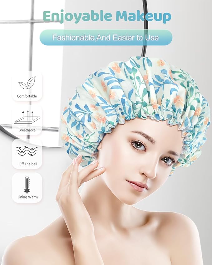 Aquior Shower Caps, Double Layer Waterproof Shower Cap for Women, Reusable Large Shower Cap for all Hair Lengths with EVA Lining, Soft Bath Shower Caps