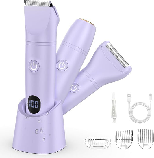 Lanumi 3 in 1 Bikini Trimmer for Women Rechargeable Electric Razors Wet/Dry Pubic Body Hair Trimmer Facial Hair Remover IPX6 Waterproof LCD Display