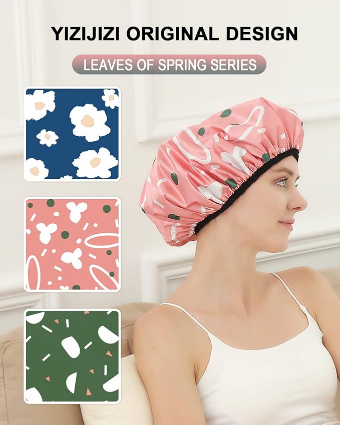 YIZIJIZI Triple Layer Reusable Waterproof Shower Cap for Women Large Terry Lined Hair Cap for Long Thick Hair Travel Bath Care Pink Flowers