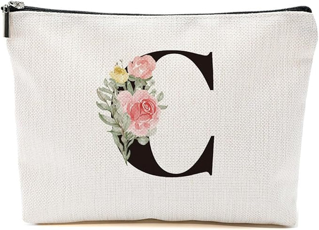 Personalized Makeup Bag, Initial Letter C Makeup Bag for Women Rose Monogram Cosmetic Bags Toiletry Pouch, Monogrammed Gifts for Women Mom Grandma Sister Friends Thanksgiving Christmas Birthday Gift