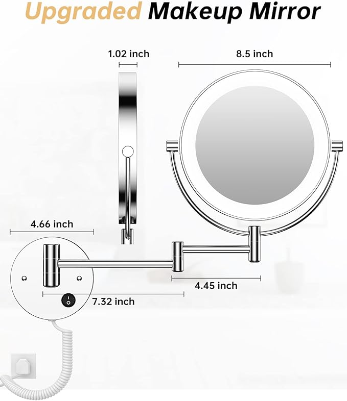 Gospire 8.5" Wall Mounted Lighted Magnifying Mirror, 1X/10X Double-Sided Magnification Round LED Cosmetic Vanity Bathroom Mirror Extendable Arm 360° Swivel for Shaving Makeup