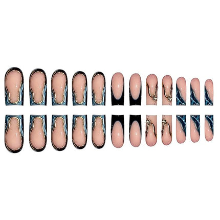 RUOKEXIN Long Square Press on Nails French Tip Fake Nails Gold Ombre False Nails with Designs Sparkly Artificial Nails Long Nail Press ons Cute Stick on Nails for Women 24Pcs