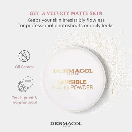 Dermacol - Invisible Fixing Face Powder, Touch-proof Translucent Setting Powder for Oily Skin & Other Skin Types, Loose Powder Makeup, Frangrance-Free Matte Powder with Powder Puff, White, 13.5 g