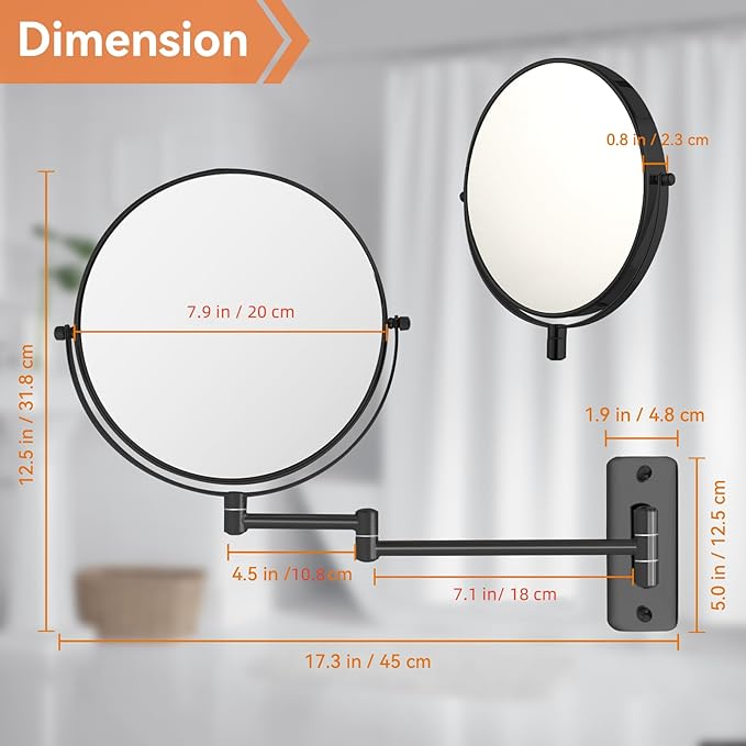 8” Makeup Mirror Wall Mounted, 1X/10X Double-Sided Wall Mount Magnifying Bathroom Mirror with Extendable Arm, 360° Swivel Vanity Shaving Mirror for Bathroom and Makeup, Black (No Light