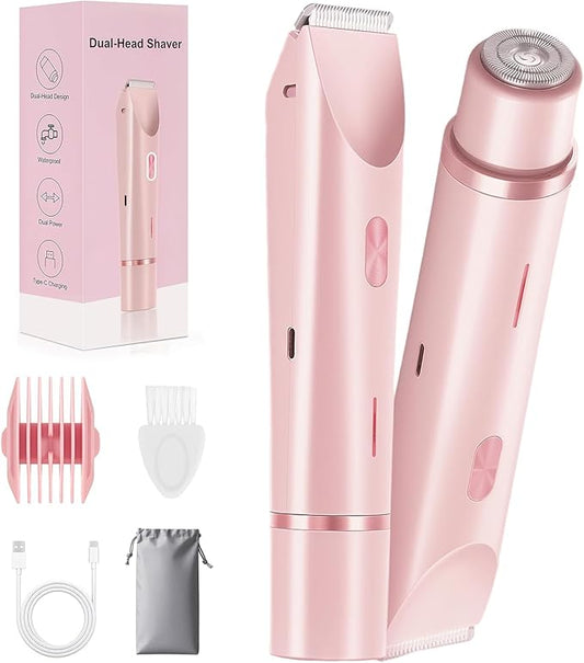Dermave Bikini Shaver, 2 in 1 Dual Head Bikini Trimmer & Body Shaver, Pain-Free Electric Trimmer for Women, IPX7 Waterproof Wet & Dry, Ceramic Blade, Pink