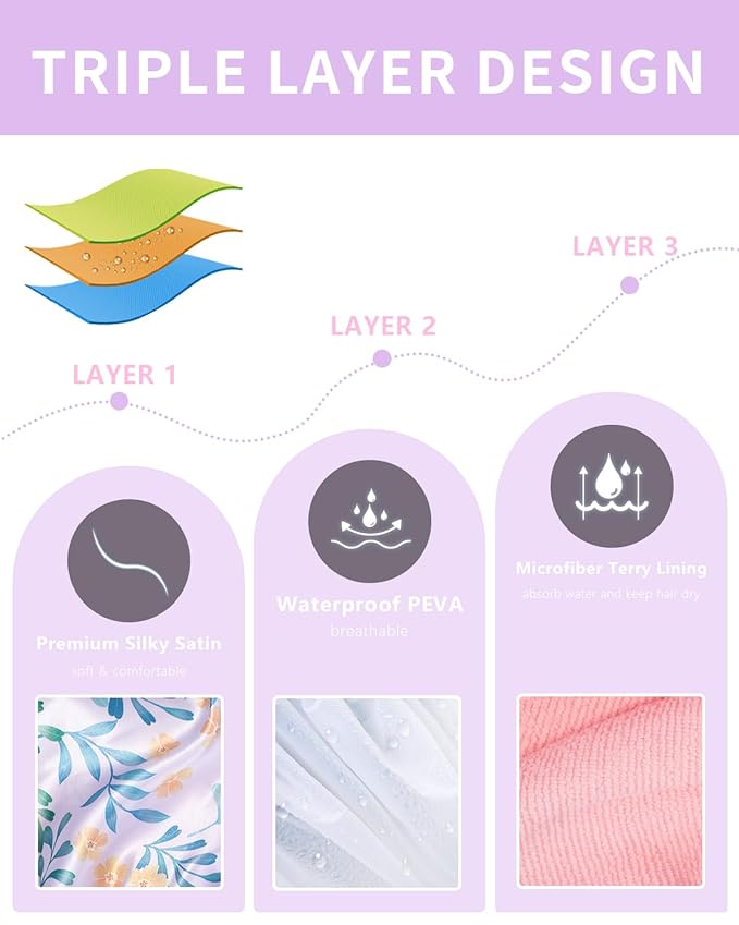 Shower Cap, Terry lined Reusable shower caps, Waterproof Large Shower Cap for Women, Hair cap Triple Layer Shower Caps for Long Thick Hair