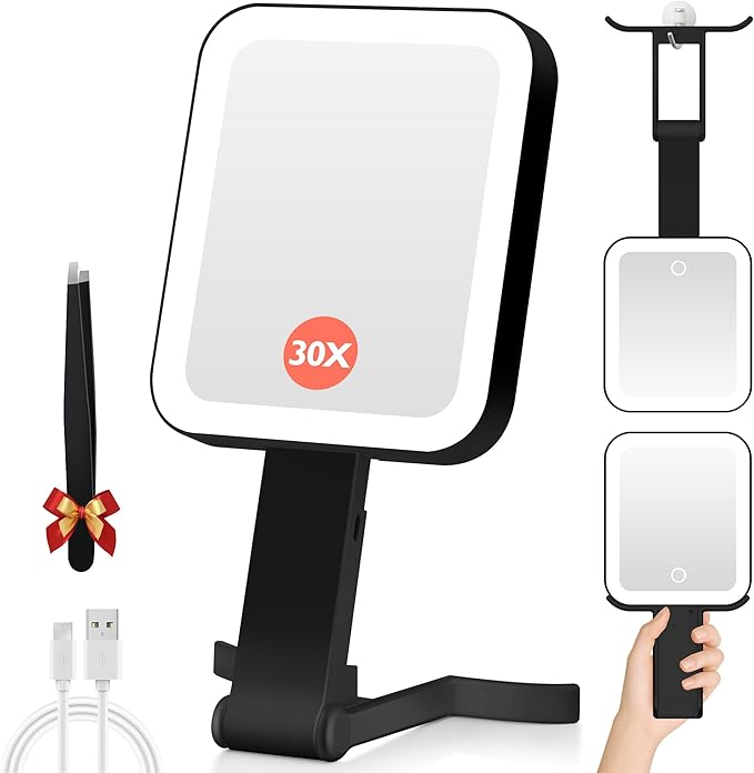 Magnifying Travel Mirror with Light, 30X/1X Double-Sided Magnifying Mirror with 3 Color Lights, Brightness Adjustable, Foldable Handheld Makeup Mirrors Portable for Travel and Desktop Use