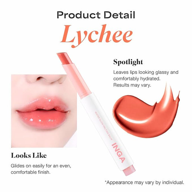 INGA Water Glow Melting Balm - Hydrating Tinted Lip Balm with Soft, Melt-On Texture, Natural Sheer, Glass-Like Finish with Non-Sticky, Lightweight Comfort (Lychee Juice)