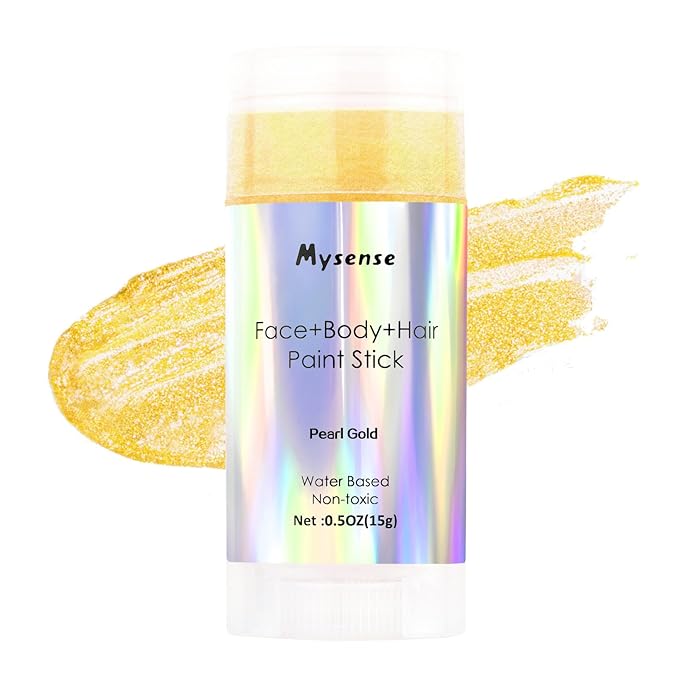 Mysense Pearl Gold Face Body Hair Paint Stick,Water Based Washable Temporary Hair Color,Non-toxic Cream Blendable Metallic Gold Face Painting for Halloween Costumes Cosplay Makeup,0.5oz