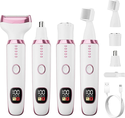Electric Razors for Women, Bikini Trimmer 4 in 1 Lady Shaver, Wet/Dry Cordless Hair Remover for Nose Hair Face Eyebrow Arms Legs Armpit Underarm Pubic Area Electric Grooming Set LED Display