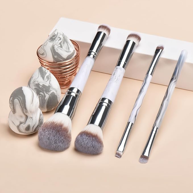YJ-Anyue4PCS Dual-Ended Makeup Brushes & Blending Sponge Set, Professional Foundation Concealer Eyeshadow Kabuki Brush with, for Liquid Powder Cream, Vegan & Cruelty-Free