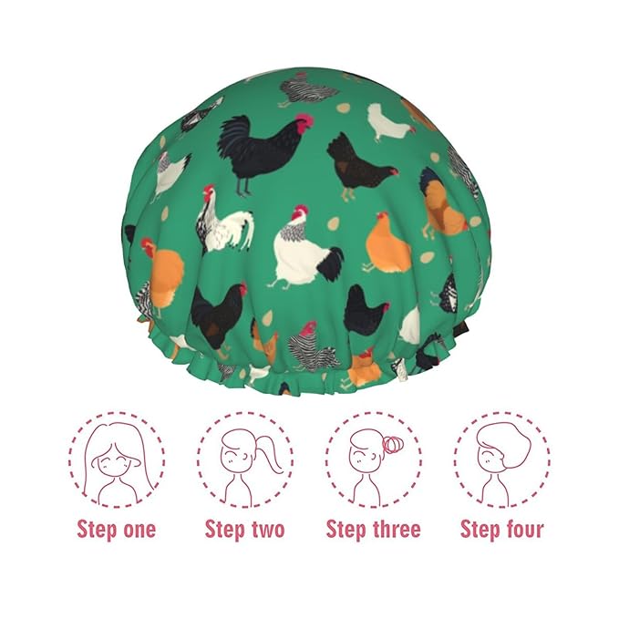 Funny Chickens Shower Cap For Women Reusable Waterproof Double Layers Bath Cap Hair Protection Elastic Ladies Spa Salon Shower Hat